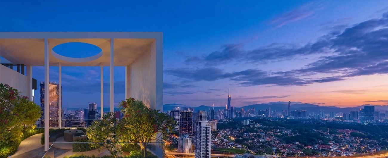 Artist's impression of the Level 45 BBQ deck at Lunar Seputeh overlooking the Kuala Lumpur skyline at dusk