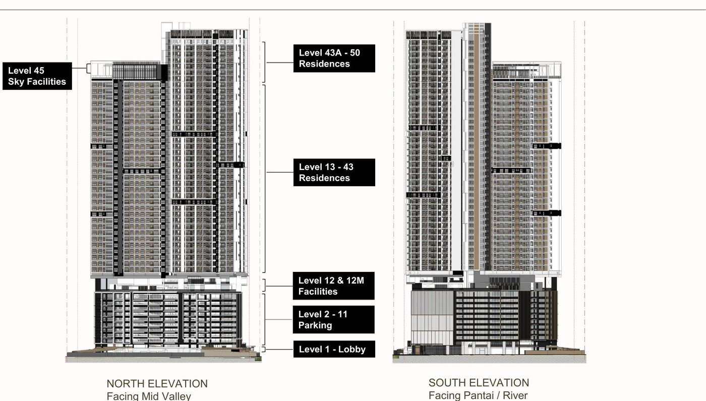 North and south building elevations of Lunar Seputeh showing lobby, parking, podium facilities, residences and sky facilities levels
