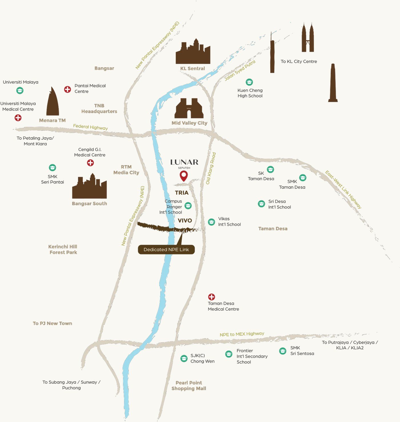 Location map showing Lunar Seputeh on Old Klang Road in relation to Mid Valley City, KL Sentral, Bangsar South, Taman Desa, the dedicated NPE link, and nearby schools, medical centres and highways